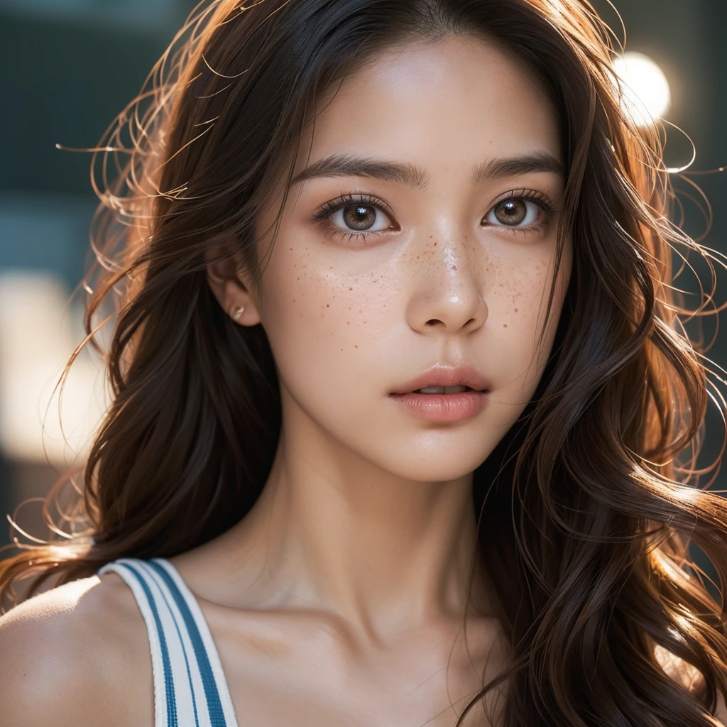 Ultra-realistic portrait of a 37-year-old woman, straight hair that curls at the end, shoulder-length hair, woman with dark skin, large and round light brown eyes, barely visible freckles, looking directly at the camera. A woman should look young. Her gaze is intense and penetrating. it expresses a lot of cuteness and beauty. The portrait You should focus on capturing the details of her facial features, including the texture of her skin and hair. The lighting should be soft but detailed, highlighting the contours of the face and creating a deep and captivating image.