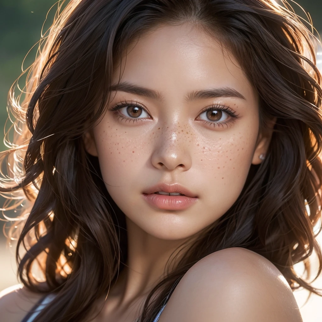 Ultra-realistic portrait of a 37-year-old woman, straight hair that curls at the end, shoulder-length hair, woman with dark skin, large and round light brown eyes, barely visible freckles, looking directly at the camera. A woman should look young. Her gaze is intense and penetrating. it expresses a lot of cuteness and beauty. The portrait You should focus on capturing the details of her facial features,  including the texture of her skin and hair. The lighting should be soft but detailed, highlighting the contours of the face and creating a deep and captivating image.
