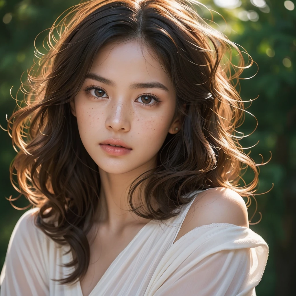 Ultra-realistic portrait of a 37-year-old woman, straight hair that curls at the end, shoulder-length hair, woman with dark skin, large and round light brown eyes, barely visible freckles, looking directly at the camera. A woman should look young. Her gaze is intense and penetrating. it expresses a lot of cuteness and beauty. The portrait You should focus on capturing the details of her facial features, including the texture of her skin and hair. The lighting should be soft but detailed, highlighting the contours of the face and creating a deep and captivating image.
