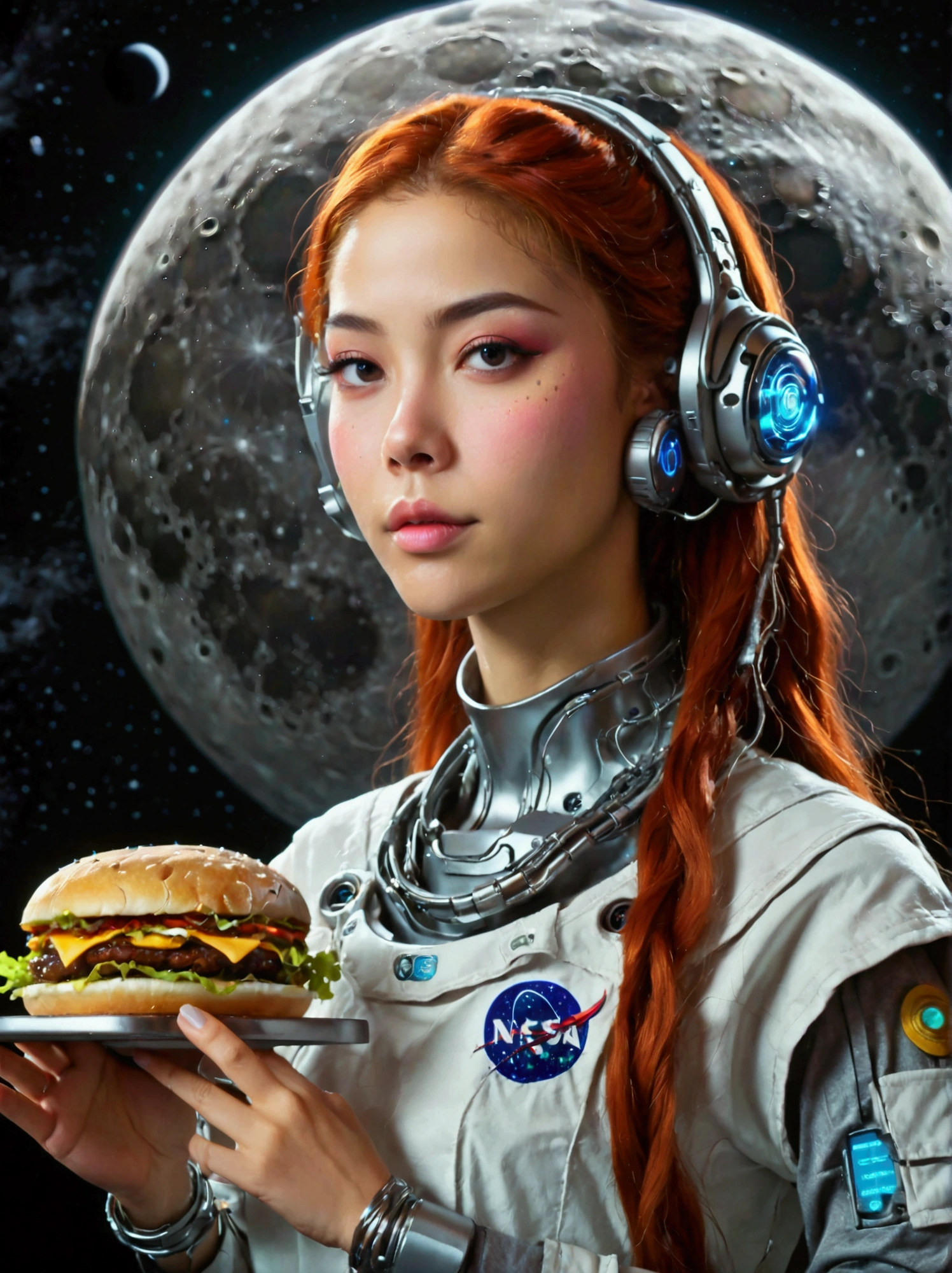 Best quality,8K,high resolution,masterpiece,Ultra Detailed,lifelike,Photorealism,future world,(Vision:1.5),(Fast food restaurant cyborg female employee on the moon:1.5),(apron),(Fast food restaurant staff uniforms),Transparent Mecha,Cyberpunk cyborg woman,doll,Beautiful meticulous eyes,Beautiful delicate lips,Extremely detailed eyes and face,Long eyelashes,Physically Based Rendering,Extremely detailed description,Ultra-detailed paintings,Futuristic interior decoration,Neon,Sharp focus,Vibrant colors,Science Fiction,Concept Art,High-tech atmosphere,Studio Lighting,HDR,Ultra HD,Bokeh