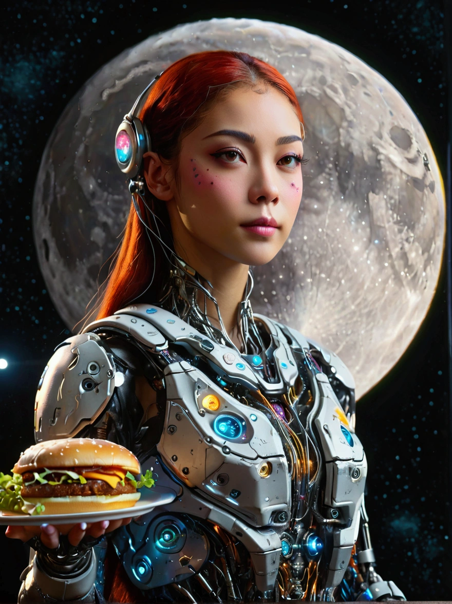 Best quality,8K,high resolution,masterpiece,Ultra Detailed,lifelike,Photorealism,future world,(Vision:1.5),(Fast food restaurant cyborg female employee on the moon:1.5),(apron),(Fast food restaurant staff uniforms),Transparent Mecha,Cyberpunk cyborg woman,doll,Beautiful meticulous eyes,Beautiful delicate lips,Extremely detailed eyes and face,Long eyelashes,Physically Based Rendering,Extremely detailed description,Ultra-detailed paintings,Futuristic interior decoration,Neon,Sharp focus,Vibrant colors,Science Fiction,Concept Art,High-tech atmosphere,Studio Lighting,HDR,Ultra HD,Bokeh
