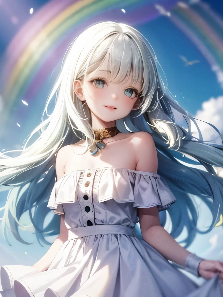 One girl, A smile full of happiness, Ultra high definition, After the rain, ((rainbow)), Fantasy, Blue sky, Lens flare,