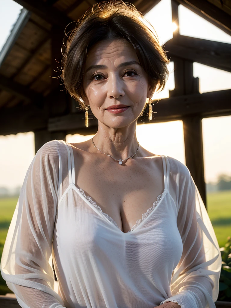 (masterpiece:1.4),(mature woman : 1), (old woman : 1), (((Beautiful 63 year old woman:1.5))),(Facial wrinkles : 1.2),(half-dressed white sheer linen shirt with front open : 1.2), (bra : 1.1), jeans, blanket, simple necklace, (plump body : 1.1), extremely white skin, pores, skin blemishes, dull skin, gentle smile, braided long hair, enormous saggy breasts, (hanging breasts), soft flabby breasts, on a barn, detailed backgrounds, sunrise, backlighting, (focus on her bra)