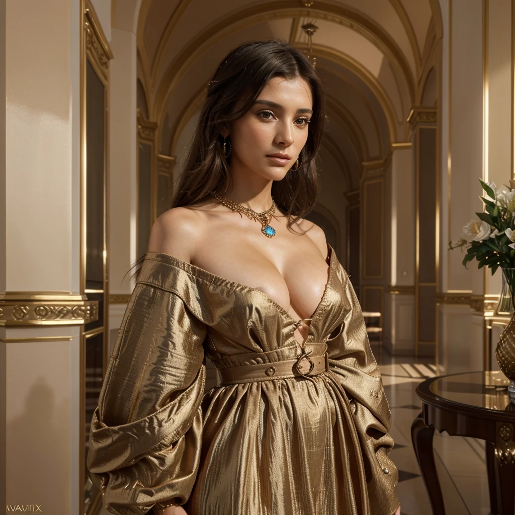 Generate me the most beautiful woman in the world with a magnificent, ultra realistic and detailed face , une belle robe marron moulante de la marque Louis Vuitton avec des bijoux Louis Vuitton et un magnifique décors de lac tout ça en 8k rtx ultra détaillé