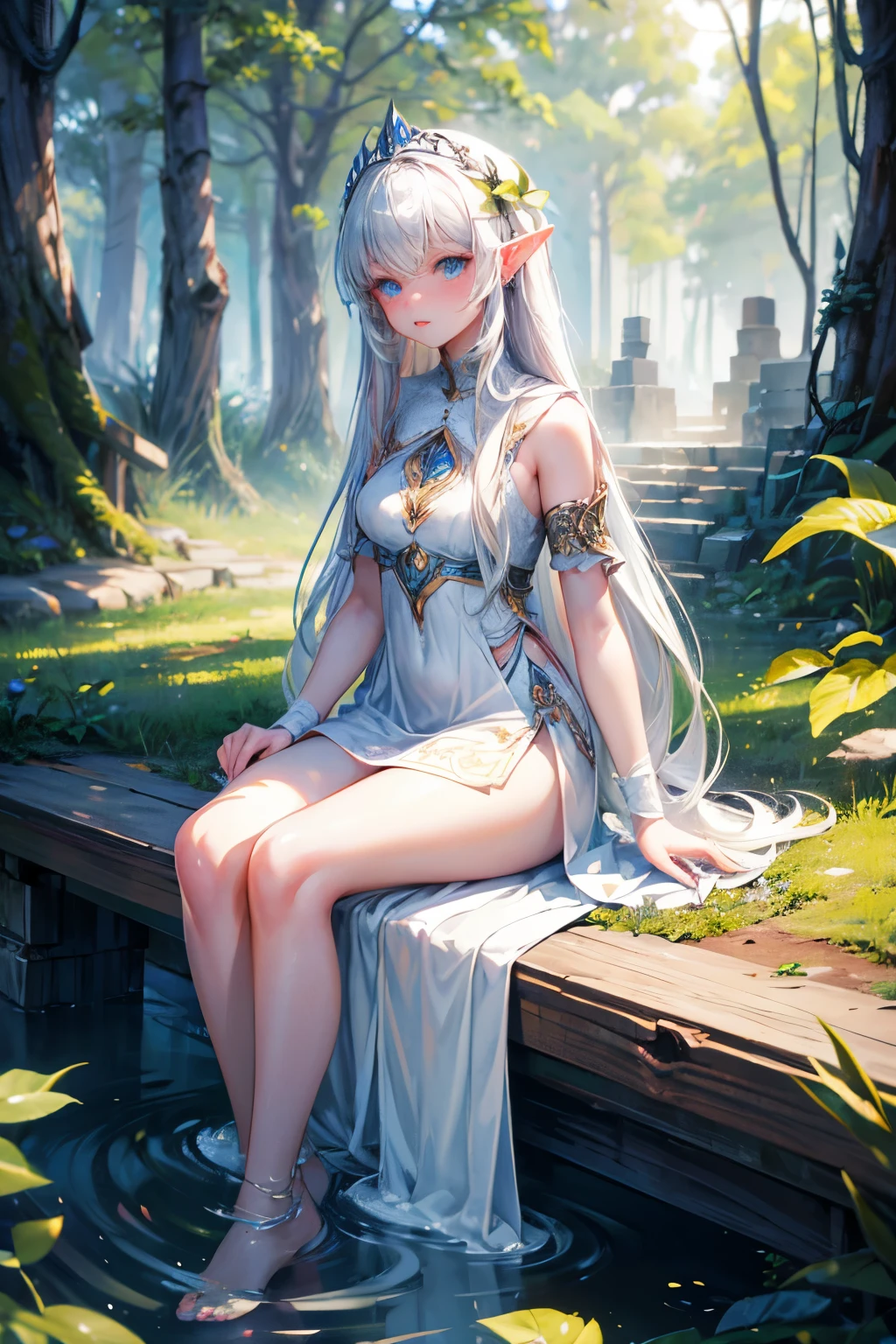 woods, Nature, Beautiful nature, medieval city background, smile, Smiling, solo, 1girl, soft smile, slender figure, slim, skinny, short height, Sexy, Beautiful composition, the trees, beatiful face, handsome body (Body Full 1.1.), Beautiful figure, in full height (Body Full 1.1.), closed mouth, Digital Art, sexypose, beautiful breasts, Medium-sized breasts, High Elf Knight(Body Full 1.1) elf, (Dark Blue eyes:1.5), white hair, long hair, braid on hair, silver hair, Knight, Beautiful figure, beautiful breasts, (Fullness of the body.1,1) silver hair, Hair between the eyes, hairlong, long hair, straight hair, pointed ears, long ears, side locks, bangs, Asymmetrical Clothing, cloak, elf, (Masterpiece:1.2), Best Quality, High Resolution, Unity 8k Wallpaper, (illustration:0.8), (beautiful detail eyes:1.6), extremely detailed face, perfect lighting, extremely detailed CGI, (perfect arms, perfect anatomy), epic composition, sundress, white dress, flowers in hands, hair braid on head, braid, tress, tress on head, golden spear sheathed on her back diagonally, looking at viewer, cleavage, necklace, sitting, legs spread