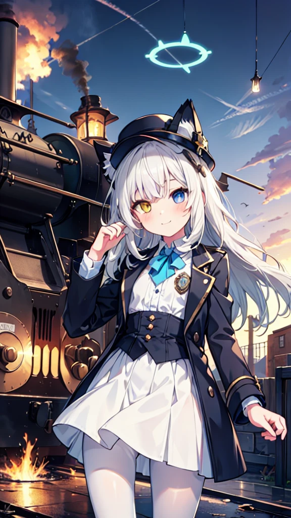 White pantyhose，White hair，Smile，Long hair，Cat ear，Heterochromia（Left blue right yellow），Female face，There are bright spots in the eyes，flat chest，blue halo，Alone，Next to the steam engine，Steampunk，hat，Take a wrench，gear