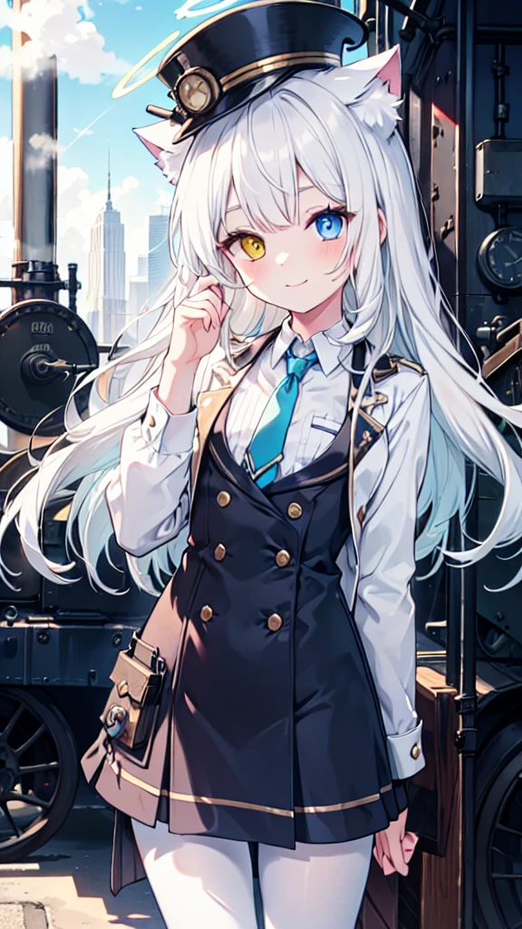 White pantyhose，White hair，Smile，Long hair，Cat ear，Heterochromia（Left blue right yellow），Female face，There are bright spots in the eyes，flat chest，blue halo，Alone，Next to the steam engine，Steampunk，hat，Take a wrench，gear