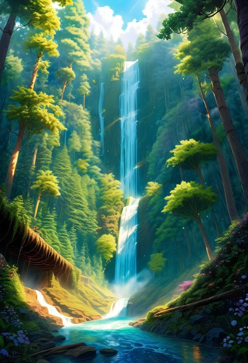 The waterfall pouring down in the forest is like a fairyland. A beautiful artistic illustration, NatureOriginal, Forest magic, fantasy art, Digital 2D fantasy art, Anime Fantasy Illustration, Beautiful digital art work, fantasy numbers, Digital Fantasy Illustration,Beautiful illustration, detailed Digital 2D fantasy art, nature.