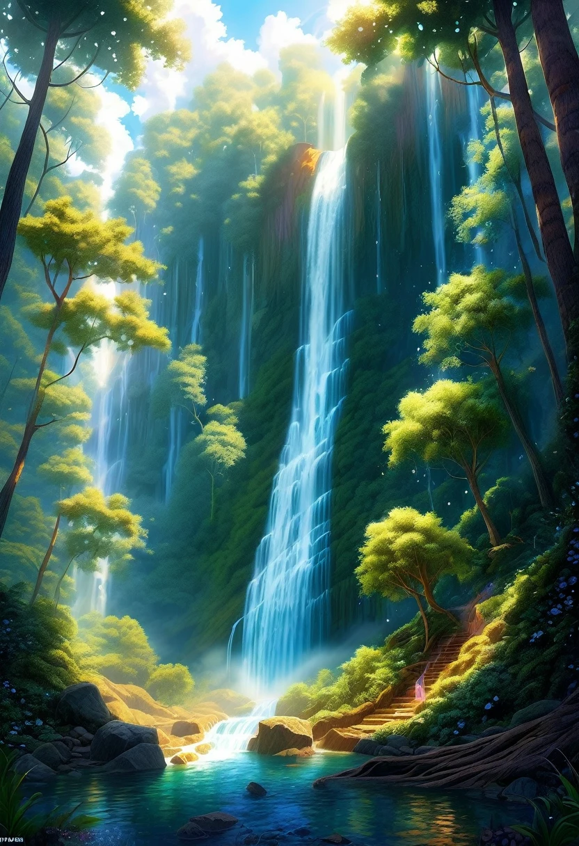 The waterfall pouring down in the forest is like a fairyland. A beautiful artistic illustration, NatureOriginal, Forest magic, fantasy art, Digital 2D fantasy art, Anime Fantasy Illustration, Beautiful digital art work, fantasy numbers, Digital Fantasy Illustration,Beautiful illustration, detailed Digital 2D fantasy art, nature.