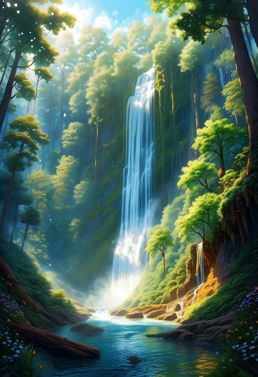 The waterfall pouring down in the forest is like a fairyland. A beautiful artistic illustration, NatureOriginal, Forest magic, fantasy art, Digital 2D fantasy art, Anime Fantasy Illustration, Beautiful digital art work, fantasy numbers, Digital Fantasy Illustration,Beautiful illustration, detailed Digital 2D fantasy art, nature.