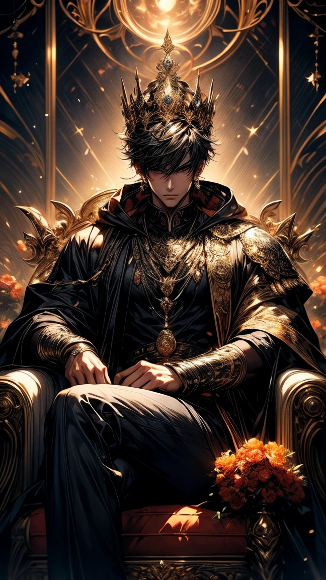 Masterpiece, best quality, high resolution, highly detailed, male, 1 man ( early twenties ), Good looking face, short brown hair, brown colored eyes ( eyes that glow ), serious expression ( cold look ), pale white skin, wearing a black hoodie, and brown pants, black watch, surrounded by the splendors of the earth, wearing a ring like crown made of orange diamonds around his head and sitting on a brown throne, muscular physique, pay attention to stunning details, and achieve a resolution of 128k, floating in a dynamic pose, high quality, with a majestic aura of authority.