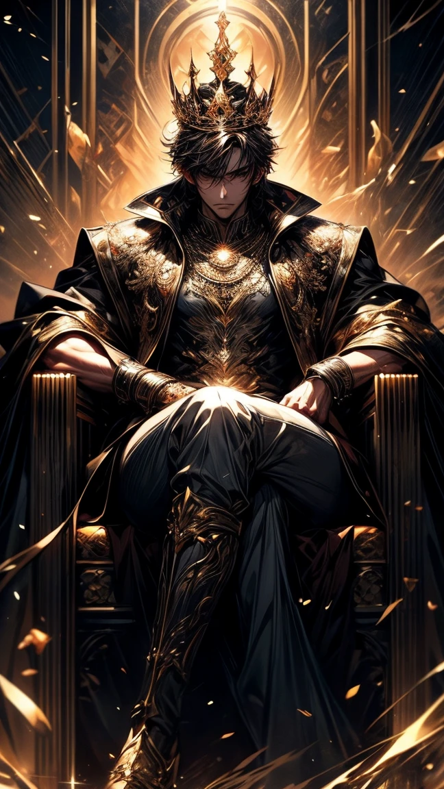 Masterpiece, best quality, high resolution, highly detailed, male, 1 man ( early twenties ), Good looking face, short brown hair, brown colored eyes ( eyes that glow ), serious expression ( cold look ), pale white skin, wearing a black hoodie, and brown pants, black watch, surrounded by the splendors of the earth, wearing a ring like crown made of orange diamonds around his head and sitting on a brown throne, muscular physique, pay attention to stunning details, and achieve a resolution of 128k, floating in a dynamic pose, high quality, with a majestic aura of authority.