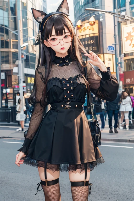 Highest quality、masterpiece、High sensitivity、High resolution、Detailed Description、Slender women、Glasses、Fishnet tights、****ta、