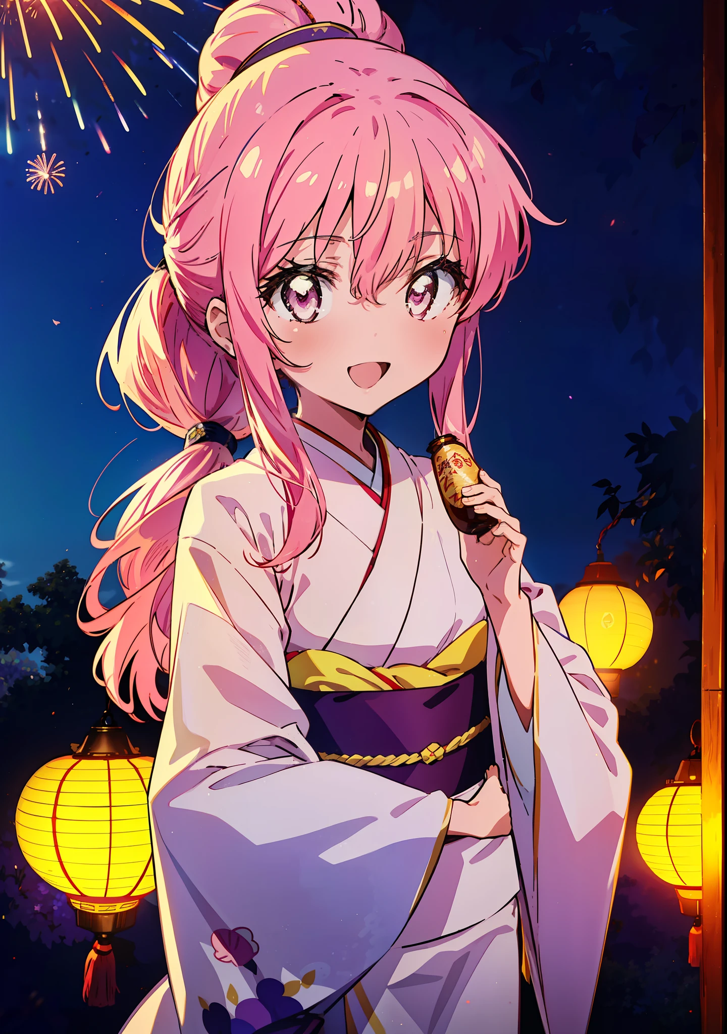 Louise Françoise Le Brun from La V全てiere,Pink Hair,Pink Eyes,Long Hair,ponytail,hair ornaments,happy smile, smile, Open your mouth,White Kimono,Thick sleeves,日本のfestival,夏festivalの屋台,Red Lantern,night,night空のfirework,firework,場所はfirework大会,時間はnightです,sunny day,turn around,まるでwhole bodyがイラストの中にいるかのように,walking,　　　　　　　　　　　　　　　  　　　　　break looking at viewer, whole body, (Cowboy Shot:1. 5),  　　　　　
break outdoors, festival,shrine,
break (masterpiece:1.2), Highest quality, High resolution, unity 8k wallpaper, (shape:0.8), (Beautiful attention to detail:1.6), Highly detailed face, Perfect lighting, Extremely detailed CG, (Perfect hands, Perfect Anatomy),