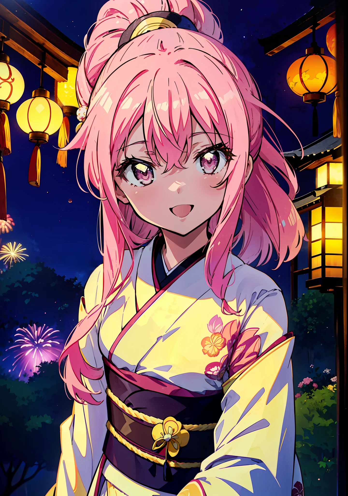 Louise Françoise Le Brun from La V全てiere,Pink Hair,Pink Eyes,Long Hair,ponytail,hair ornaments,happy smile, smile, Open your mouth,White Kimono,Thick sleeves,日本のfestival,夏festivalの屋台,Red Lantern,night,night空のfirework,firework,場所はfirework大会,時間はnightです,sunny day,turn around,まるでwhole bodyがイラストの中にいるかのように,walking,　　　　　　　　　　　　　　　  　　　　　break looking at viewer, whole body, (Cowboy Shot:1. 5),  　　　　　
break outdoors, festival,shrine,
break (masterpiece:1.2), Highest quality, High resolution, unity 8k wallpaper, (shape:0.8), (Beautiful attention to detail:1.6), Highly detailed face, Perfect lighting, Extremely detailed CG, (Perfect hands, Perfect Anatomy),