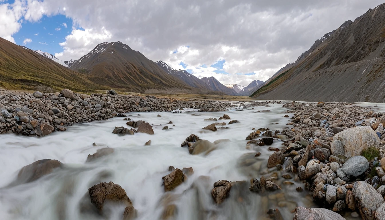 a river flowing through a rocky mountain valley
