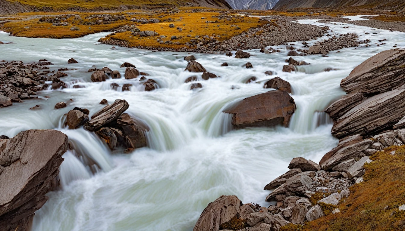 a river flowing through a rocky mountain valley