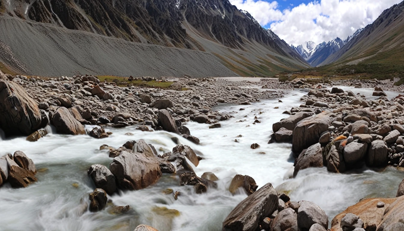 a river flowing through a rocky mountain valley