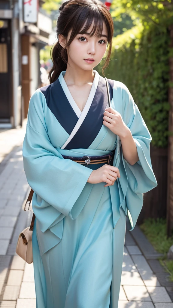 masterpiece,best quality,high resolution,8K,Realistic face,Realistic skin texture,magnified textures, 1 girl,Japanese girl, 19 years old,japanese,detailed eyes,blunt bangs,brown hair,Joyful glow,doubled lid eyes,small nose、sparkling eyes、natural make,haori of light blue、she is shinsengumi,black kimono,green hakama,round face,Guts pose,grimace,smol girl,big breasts,(Sexy chest:1.3),in the city,look at viewer,she is walking,good feeling,parade
