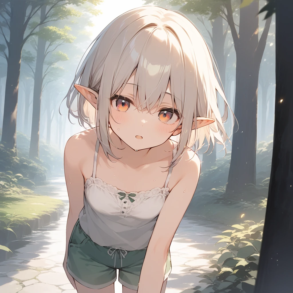 score_9, score_8_up, score_7_up, source_anime, best quality, masterpiece, official art, absurdres, highres, ultra-detailed,waifu2x,Collection: Slice of Life,break,1girl, elf, short hair, slender, androgynous,expressionless, small breasts, beautiful detailed eyes, green shorts, sweat, open mouth, sleepily, outdoors, forest, spring,break,(clear line illustration:1.2), super detailed skin,very high resolution, very aesthetic, Best sexual lighting powered by famous artist, 8k,cute picture,beauty illustration,photoshop_(medium),,(Detailed Lighting),best anime 8k konachan wallpaper, pixiv contest winner,