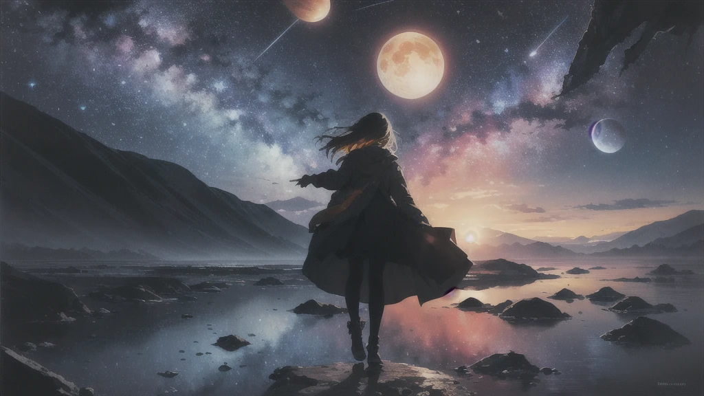 midnight, Absurd, High resolution, Super detailed, (One girl:1.3),
Break Lomography, Analogue photography, Vibrant colors, Soft Focus, Light leakage, Dreamy atmosphere, Experimental charm, Nostalgic Charm BREAK Color Field Painting, large colored bands, abstract expressionism, Bold colors, Emotional impact, Atmospheric Depth, Minimalist Approach BREAK
, Space Exploration, Celestial Bodies, Astronomical phenomena, Scientific discoveries, otherworldly wonders