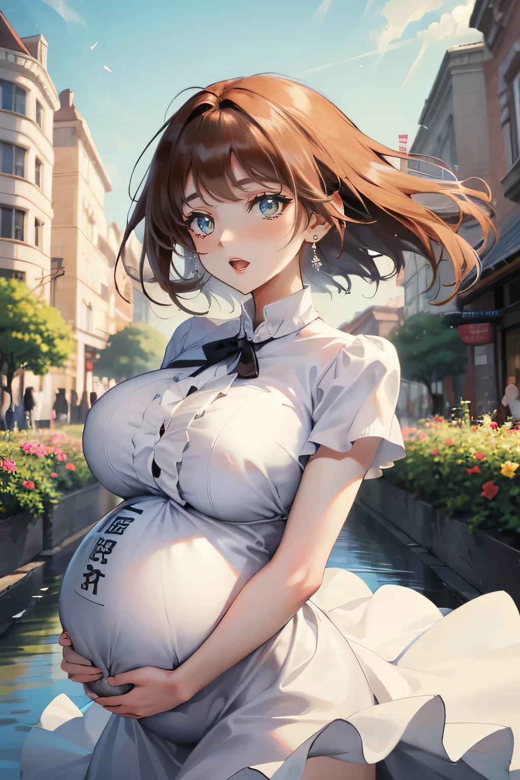 Top Quality, 1girl, (Hollow skin), (large breast), (day), bright, blur background, outdoors, (Street:0.6), (hair:1.5), (Blouse:1.5), superb, (Hair flotation:1.5), soft light, wind, garden, Street, 10 monthes pregnant.