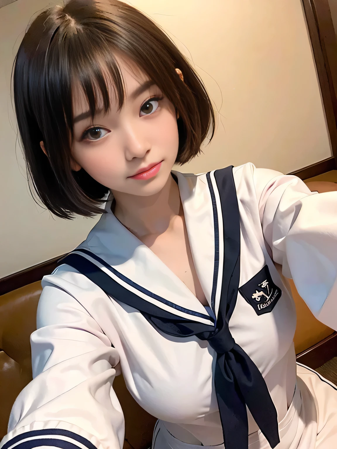 (masterpiece:1.3)、Very fine finish、(High resolution、8K:1.3)、(Highest quality)、(Ultra-realistic as a photo:1.3)、Correct limbs、Anatomically correct, The face is in focus、(Face close-up:1.3)、 Ultra High Resolution Face、The face is in focus、Ultra high definition and beautiful eyes、Concentrated eyes、Eyes are symmetrical:1.3、High quality and beautiful skin、Firm Skin、Ultra HD Hair Texture、Japanese women、20-year-old、Red Hair、Short Bob Cut、very cute, Half Up:1.3, high school girl、high school girl break (A short-sleeved green high school girl uniform、Short-sleeved sailor suit:1.3), (Embarrassing:1.3), (blush:1.3), (Troubled expression:1.3), Mr..々Shooting angle:1.3, View your viewers, Browsing Caution, Licking fingers、Yellow wall