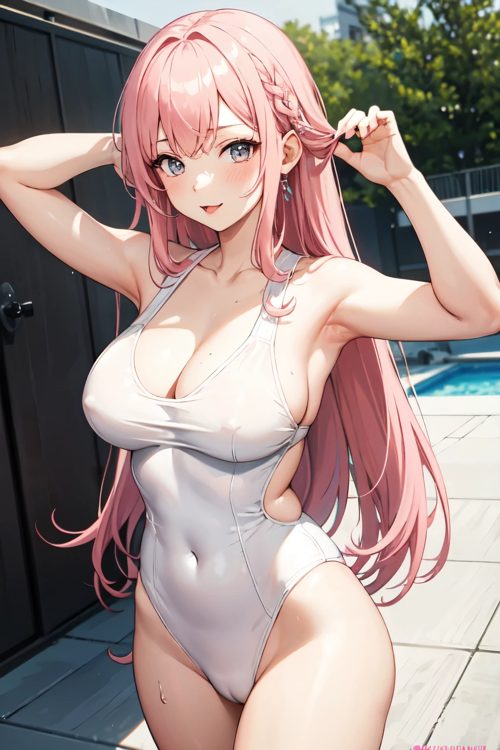 high school girl，Lewd，White swimsuit，Pink Hair，Sexy pose