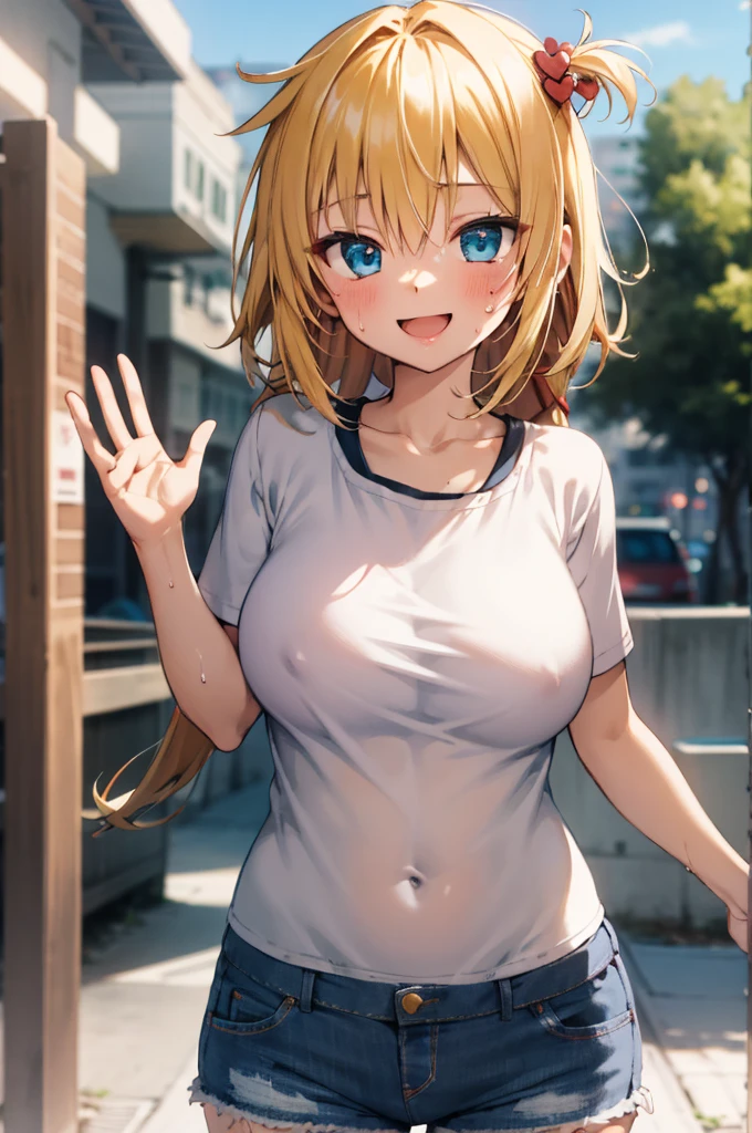 masterpiece, akai haato, hololive, 1girl, bangs, blonde hair, blue eyes, blush,(huge breasts), , hair between eyes, hair ornament,heart, heart hair ornament, long hair, , , one side up, red ribbon, , sidelocks, simple background, smile, solo, cowboy shot, :d, ,v,waving,blush,sweating,,closed mouth,outdoor,camisole,denim shorts,navel