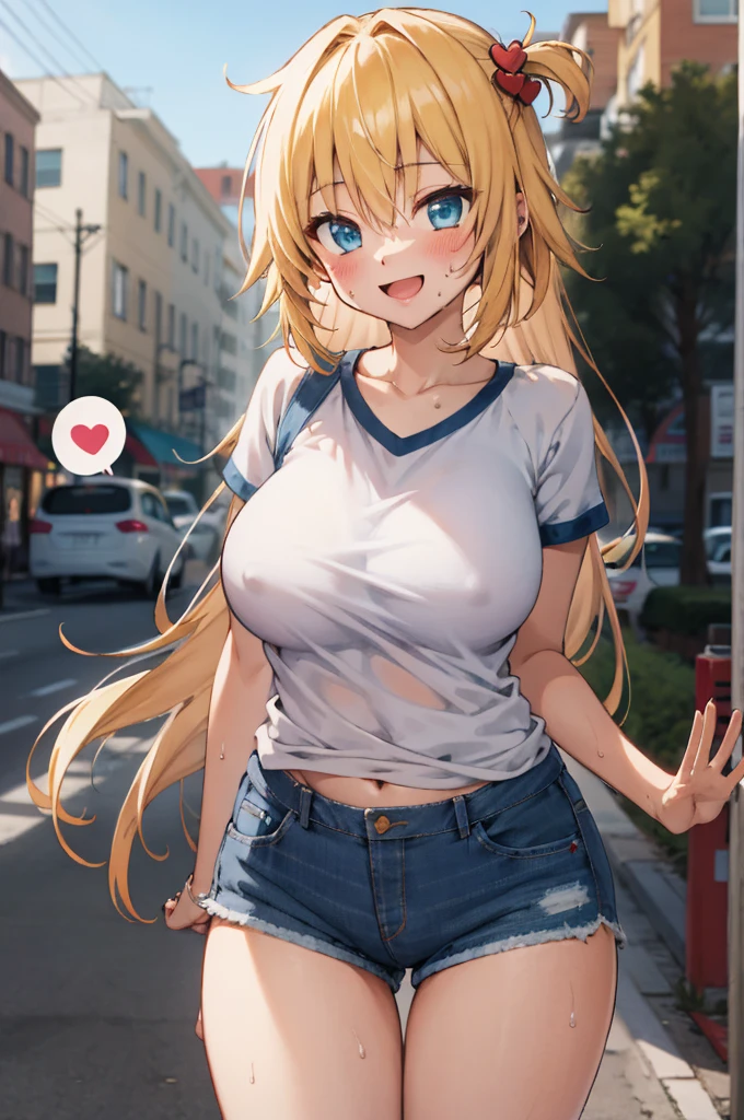 masterpiece, akai haato, hololive, 1girl, bangs, blonde hair, blue eyes, blush,(huge breasts), , hair between eyes, hair ornament,heart, heart hair ornament, long hair, , , one side up, red ribbon, , sidelocks, simple background, smile, solo,  cowboy shot, :d, ,v,waving,blush,sweating,,closed mouth,outdoor,camisole,denim shorts,navel