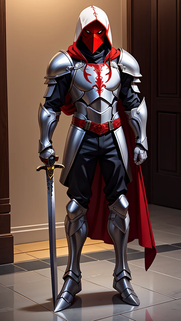 ((Full body photo, standing, feet on the floor))  A femele albino knight with long hair, dressed in heavy armor with a red hood carrying long swords
