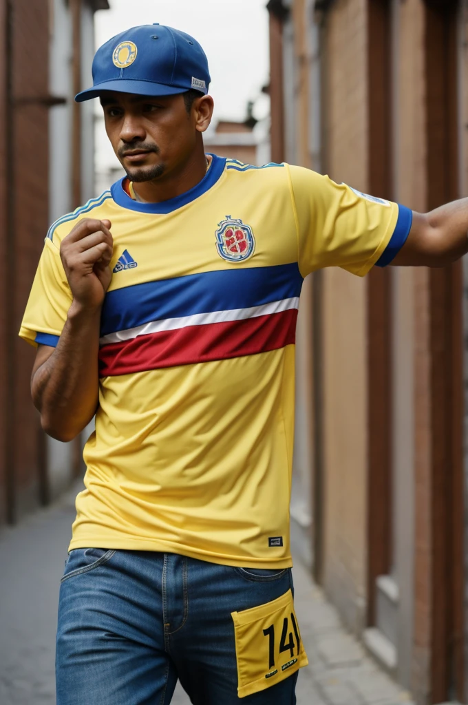 Man with a cap and a Colombian shirt that says Luis