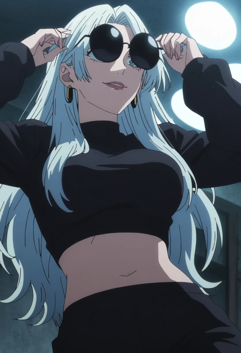1girl, female gojo satoru, anime screencap from jujutsu kaisen, gojo satoru female version, solo, long_hair, ((wearing round sunglasses over the head)) ((White_hair)), night view, (hanging breasts) upper_body, smile, indoors, book, lips, (long hair) ((wearing black colour crop top with full sleeves and black colour pant)) breast, "very detailed and high resolution" (wearing round sunglasses over the head) ((solo)) (((front view))) (earings) ((high resolution)) ((good quality)) ((silky hair))
