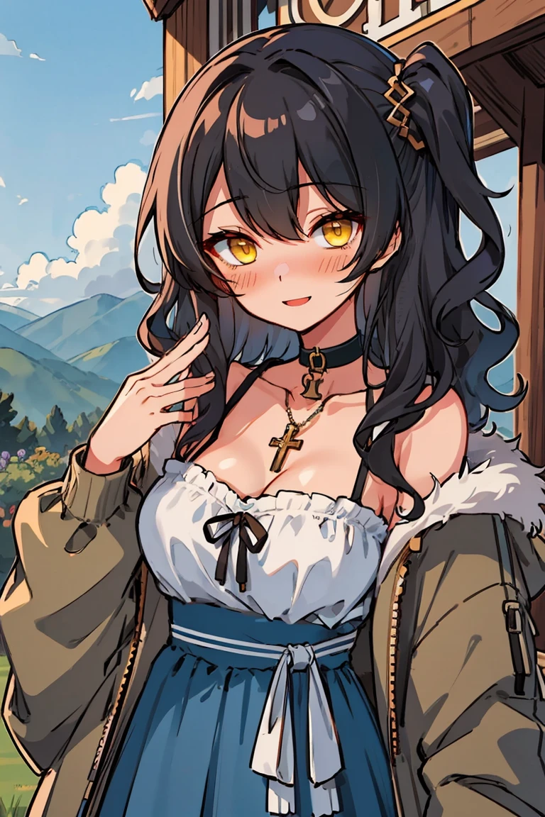 (masterpiece:1.2), (high quality:1.2), (hui xiyi:0.7), rekkyo sensen, rekkyou sensen, girls with((1girl, solo, black hair, yellow eyes, (wavy medium hair, one side up:1.3), blush, breasts, choker, cleavage, coat, collar, collarbone, cowboy shot, blue rose clothes, dress, black ribbon belt, rosary, cross, fur, khaki jacket, hood down, hooded coat, hooded jacket, hoodie, jacket, large breasts, long hair, long sleeves, medium breasts, open clothes, open coat,open hoodie, sleeveless, winter clothes, zipper, cleavage, upper body, hand up, waving, palm)), background with((architecture, blue sky, bush, castle, village, no humans, cloud, cloudy sky, day, field, garden, grass, hill, house, lamppost, landscape, mountain, mountainous horizon, nature, no humans, outdoors, scenery, shrine, sky))