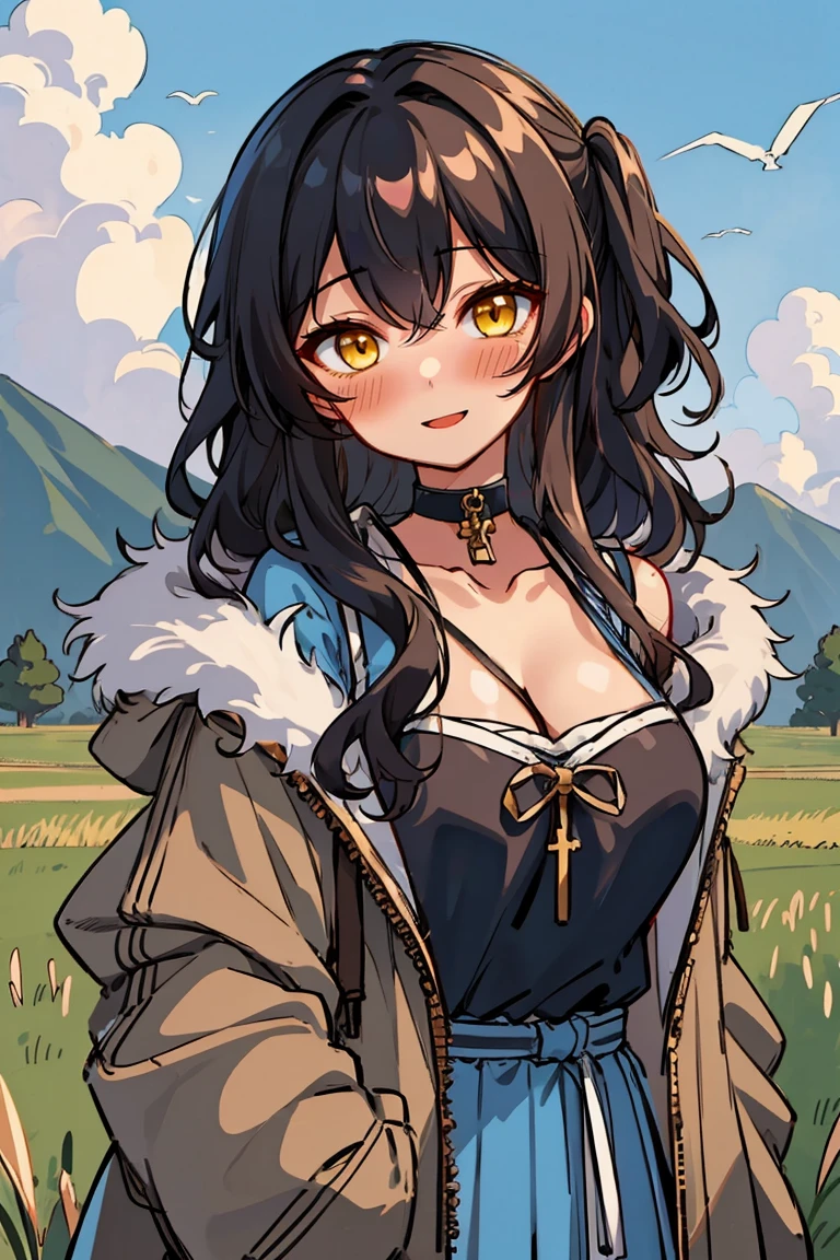 (masterpiece:1.2), (high quality:1.2), (hui xiyi:0.7), rekkyo sensen, rekkyou sensen, girls with((1girl, solo, black hair, yellow eyes, (wavy medium hair, one side up:1.3), blush, breasts, choker, cleavage, coat, collar, collarbone, cowboy shot, blue rose clothes, dress, black ribbon belt, rosary, cross, fur, khaki jacket, hood down, hooded coat, hooded jacket, hoodie, jacket, large breasts, long hair, long sleeves, medium breasts, open clothes, open coat,open hoodie, sleeveless, winter clothes, zipper, cleavage, upper body, hand up, waving, palm)), background with((architecture, blue sky, bush, castle, village, no humans, cloud, cloudy sky, day, field, garden, grass, hill, house, lamppost, landscape, mountain, mountainous horizon, nature, no humans, outdoors, scenery, shrine, sky))