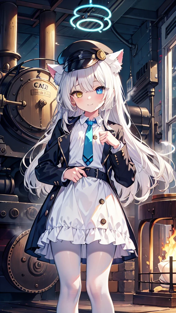 White pantyhose，White hair，Smile，Long hair，Cat ear，Heterochromia（Left blue right yellow），Female face，There are bright spots in the eyes，flat chest，blue halo，Alone，Next to the steam engine，Steampunk，hat，Take a wrench