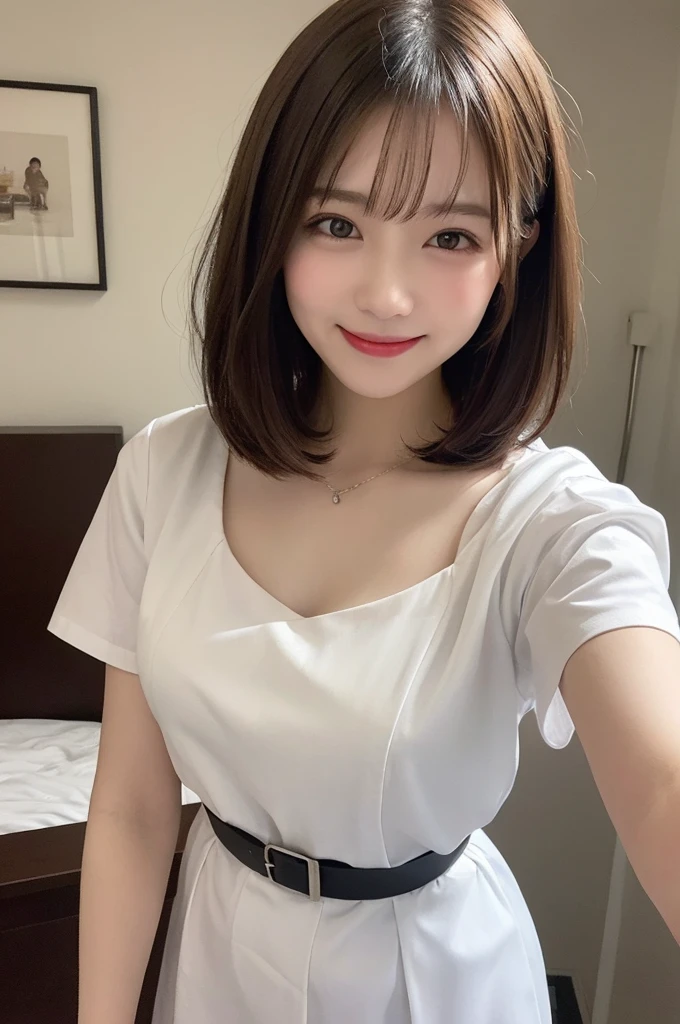 Selfie、White clothes、Nurse uniform、Laughing、bed、Very short hair、short、ベリーshortカット、Highest quality, figure, Super detailed, In detail, High resolution, 8k wallpaper, Perfect dynamic composition, Beautiful attention to detail, dress,Medium Hair, Small breasts、Natural color lip, Random sexy poses,smile,24-years-old