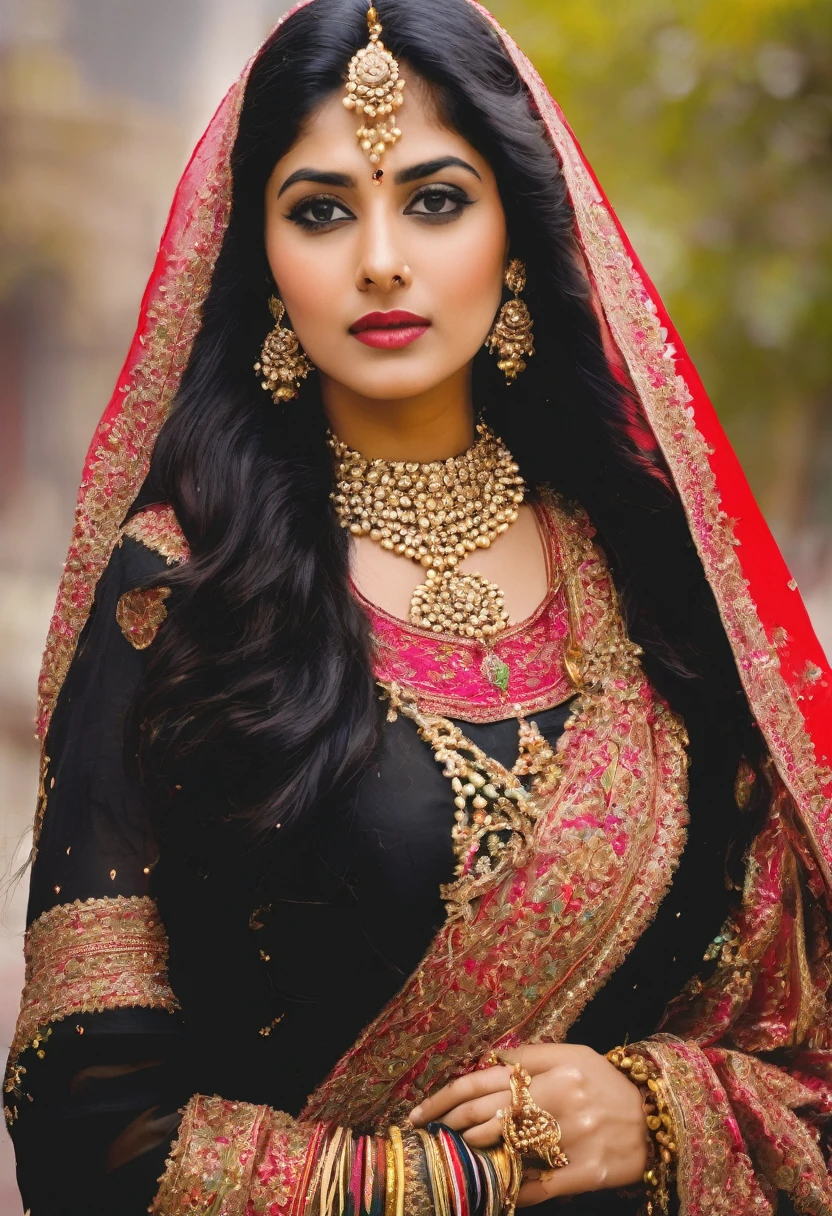 A beautiful women with long black thick hair that reaches her feat! her hair adorned with little flowers and heavy jewelry her dupatta flowing in the wind. she's wearing a traditional desi dress! she has heavy jewelry on