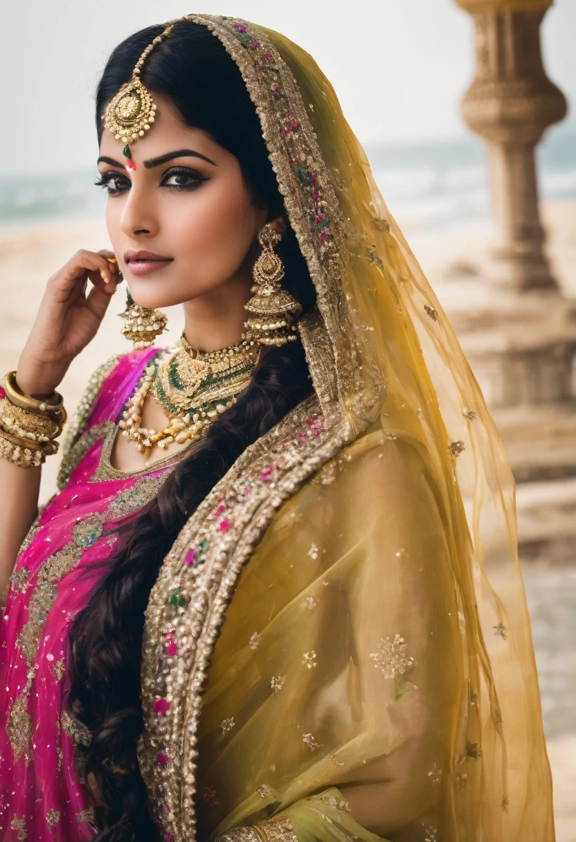 A beautiful women with long black thick hair that reaches her feat! her hair adorned with little flowers and heavy jewelry her dupatta flowing in the wind. she's wearing a traditional desi dress! she has heavy jewelry on