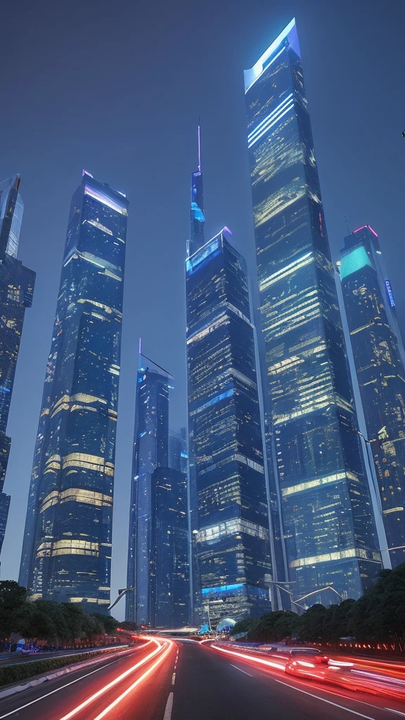 Futuristic scenery Skyscrapers stand side by side and cars drive around Beautiful night view
