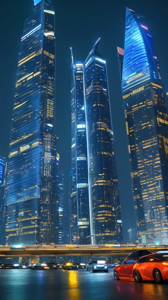 Futuristic scenery　Skyscrapers stand side by side and cars drive around　Beautiful night view　