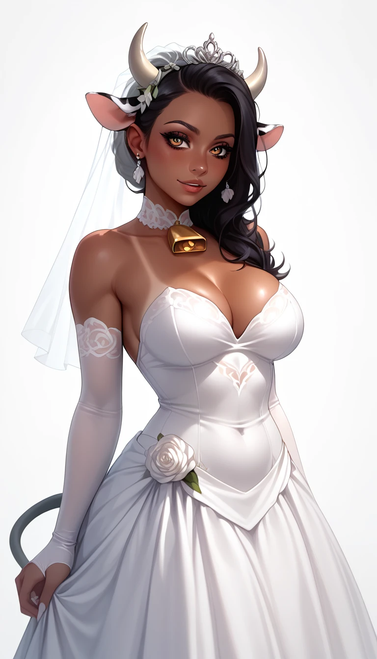 score_9, score_8_up, score_7_up, 1girl, solo,
flowing black hair, glowing brown eyes, big_boobs, curvy girl, cow ears, cow tail, tanned skin, demoness, (cowgirl:1.2),
monochromatic, eerie atmosphere,
(wedding dress), seductive, stark white background