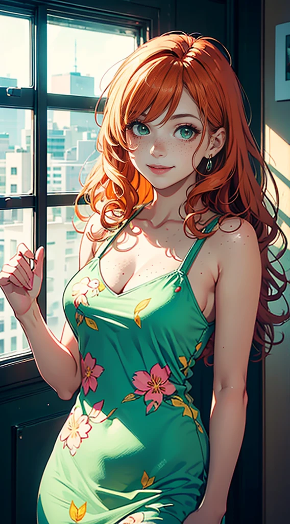 masterpiece portrait of a woman in Montreal at dawn, Long Hair, Cute orange curly hair, smile, Green Eyes, freckles, Floral print, dress, dawn, neon, light, caustic, Lens Reflection, ((alone)), Ishmael_edge