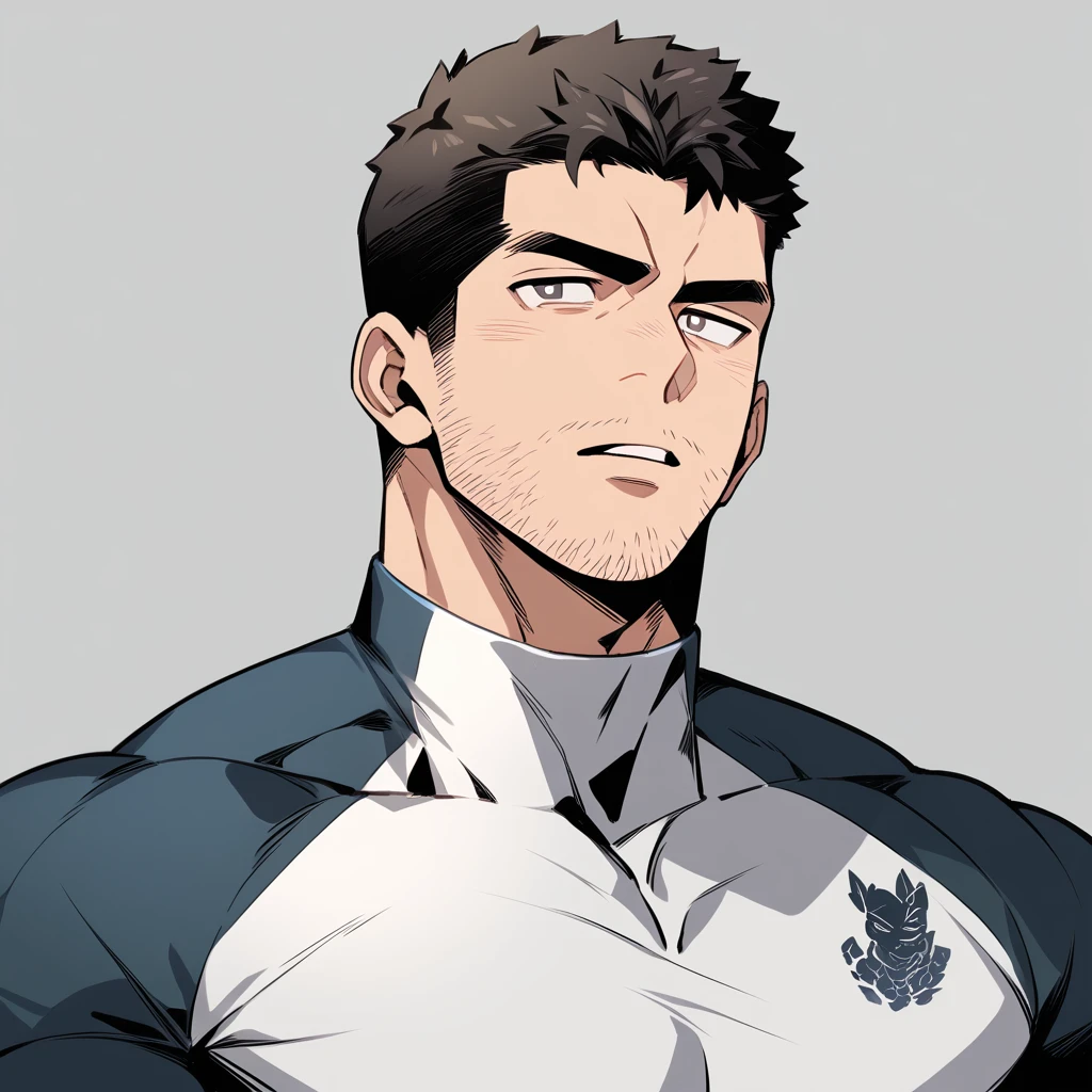 anime characters:Chris Redfield, Muscle Sports Student, Buzz Cut, Manliness, male focus, Dark black high collar long sleeve tight T-shirt, Very tight, full and perky chest muscles, muscular male, muscular, only, Upper body, alone, Black short hair, Thick eyebrows, stubble, Brown-red pupils, Grey background, simple background, amazing quality, best aesthetics, Ridiculous, crew cut, parted lips, v-shaped eyebrows, jitome, best quality