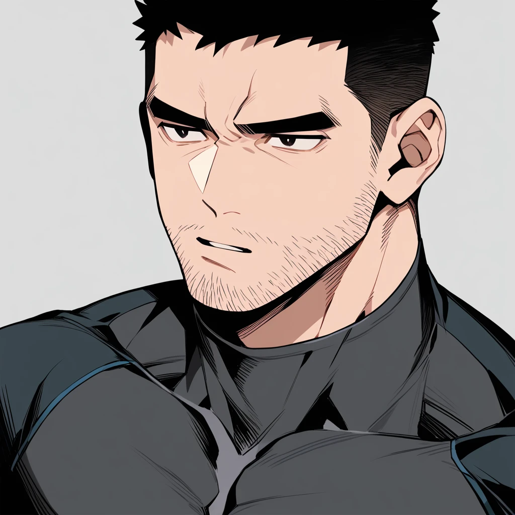anime characters:Chris Redfield, Muscle Sports Student, Buzz Cut, Manliness, male focus, Dark black high collar long sleeve tight T-shirt, Very tight, full and perky chest muscles, muscular male, muscular, only, Upper body, alone, Black short hair, Thick eyebrows, stubble, Brown-red pupils, Grey background, simple background, amazing quality, best aesthetics, Ridiculous, crew cut, parted lips, v-shaped eyebrows, jitome, best quality