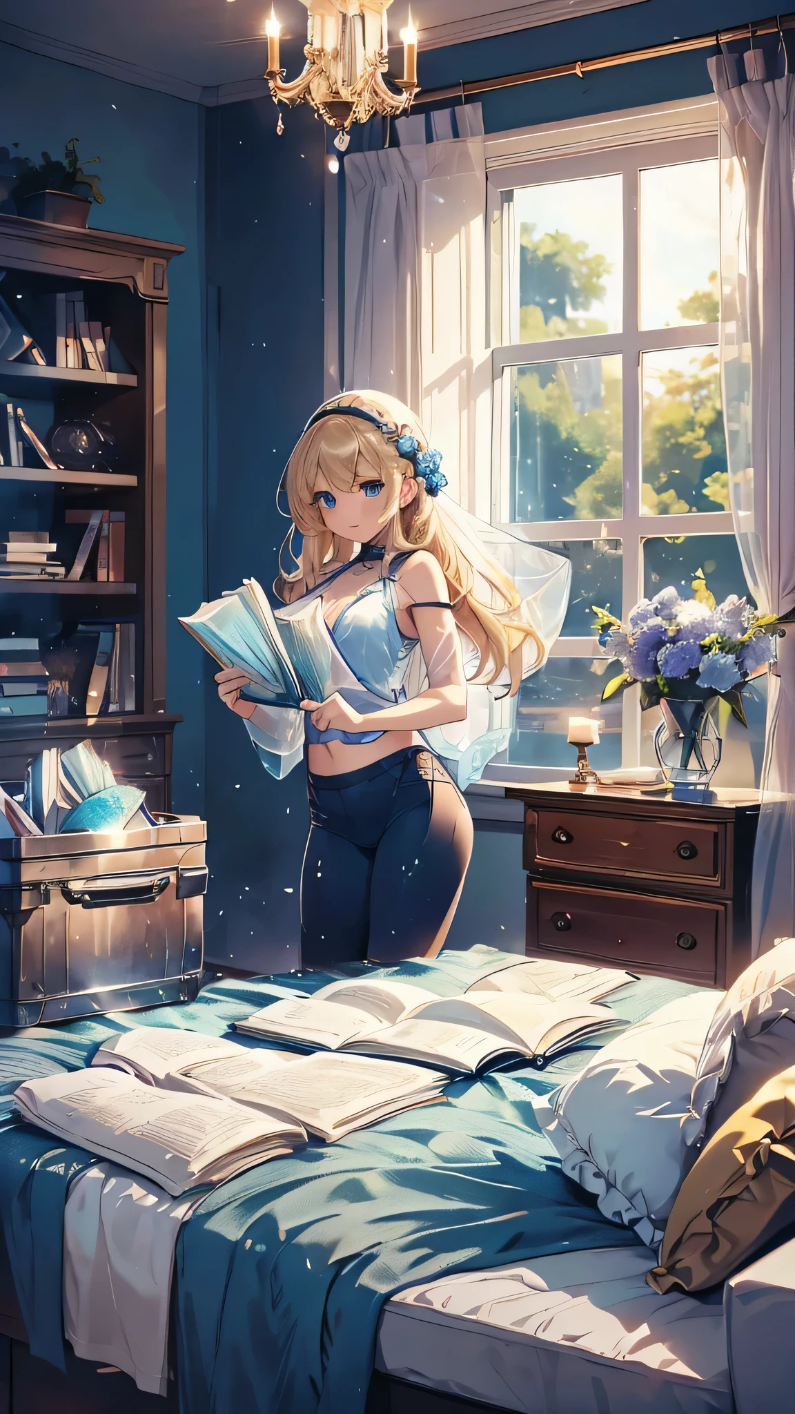 最high quality、Best image quality、masterpiece、With a girl((cute、16 years old、Best Bust、???????????、Beautiful Blue Eyes、Spread your ????? wide,Blonde、Slender、The best valley、Blue Tank Top、Blue trousers,Show the whole body、Blue Mesh,swim,smile)）high quality、Beautiful art、background((summertime、large room、cooler、Fan、See-through curtains、White bed、A large number of books)),Tabletop、Exquisite design、Visual Arts、Depth of written boundary、Best lighting、Highest detail、8ｋ