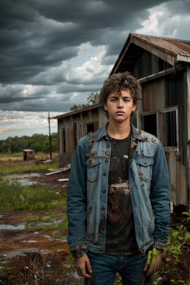 a handsome age boy standing in front of an abandoned house, realistic, detailed facial features, messy hair, serious expression, worn out clothes, rusted metal fence, overgrown plants, cloudy sky, dramatic lighting, cinematic composition, photorealistic, 8k, HDR, physically-based rendering, masterpiece