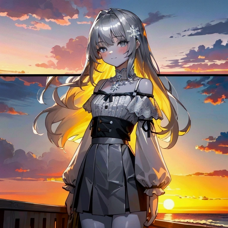 ((masterpiece, extremely high quality)),((4k, detailed beautiful cute eyes)),((cinematic view, high detailed sunset, high detailed colors, high detailed clouds, depth of view)),1teenage girl standing at a beach side, looking at viewer, white skin, slightly parted gentle smile, silver long-hair, grey-bluish eyes, slender physique, medium-size breast, small-diamond snowflake necklace, white off-shoulder straps ruffled blouse, greyish high-waisted a-line mini skirt with lace trim.