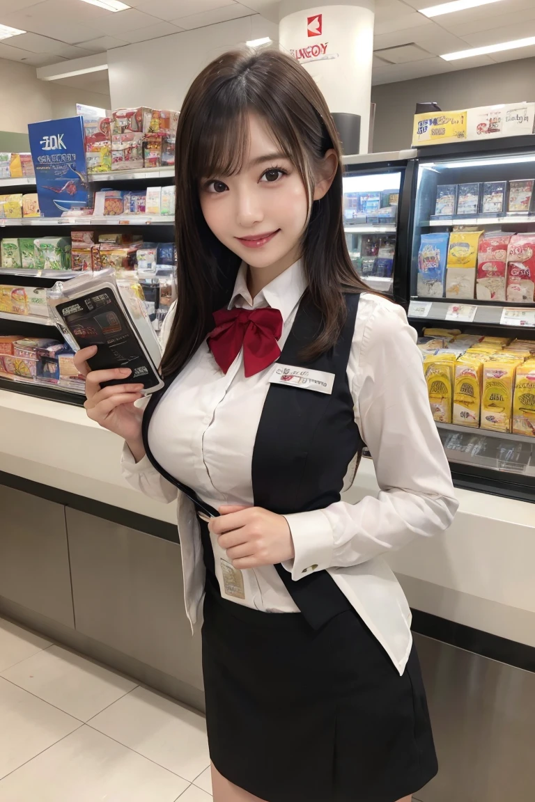 Convenience store clerk cashier , Highest quality, shape, Very detailed, In detail, High resolution, 8k wallpaper, Perfect dynamic composition, Beautiful details, Natural Lip, Sexy uniform panty shot , Big Breasts, Lawson's uniform is open,Cleavage, She is smiling happily while looking back in an erotic pose. ..., A masterpiece of the whole body, Whole shot