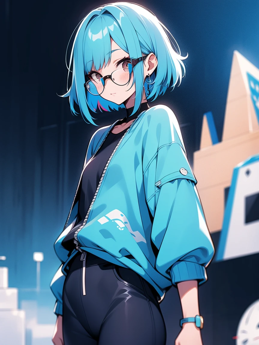 muff, Blue Hair, Colorful Hair, A woman with short, blue hair, , Wearing glasses